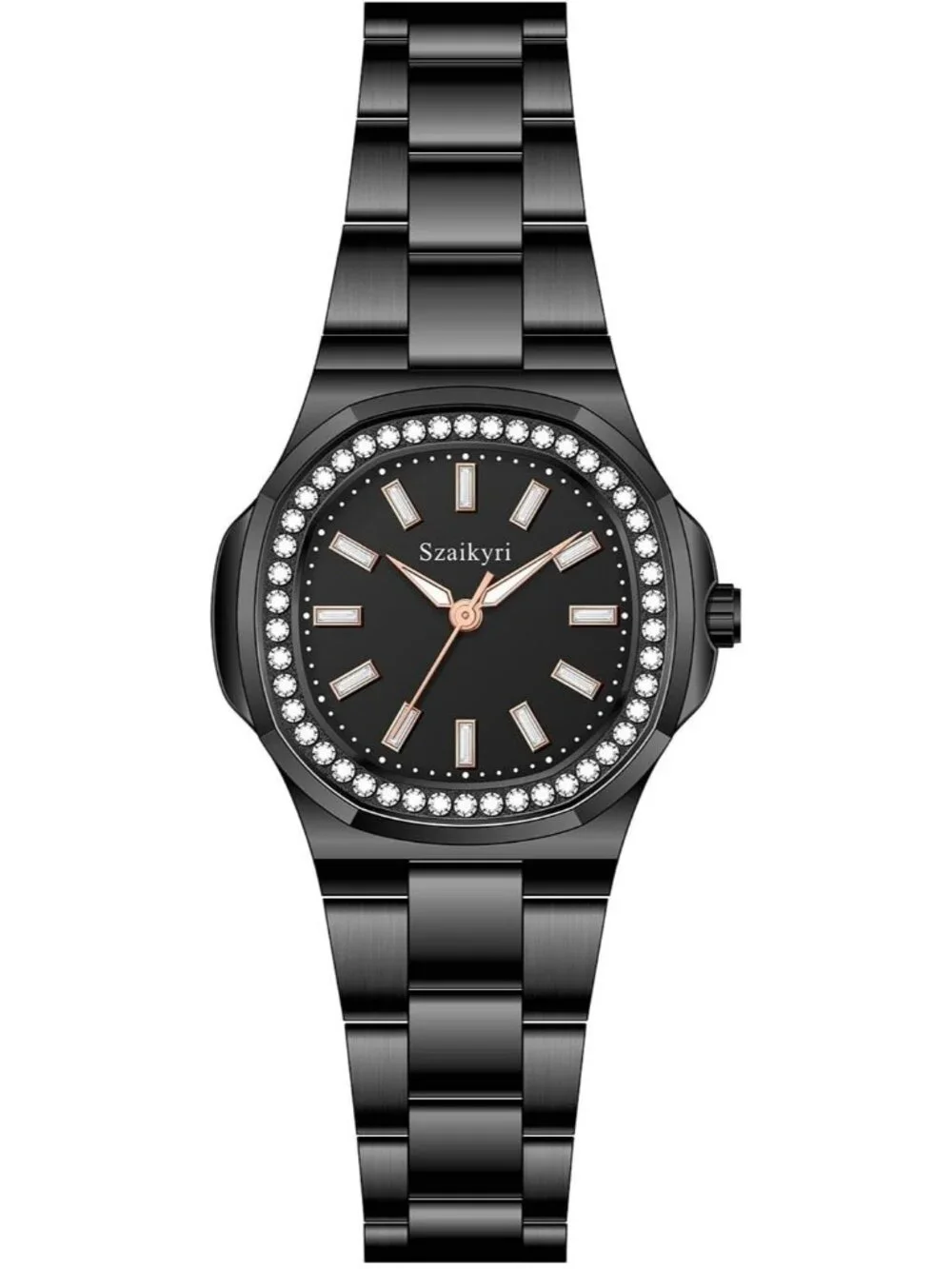 Women's Black Crystal Accented Solid Stainless Steel Band Dress Wrist Watch